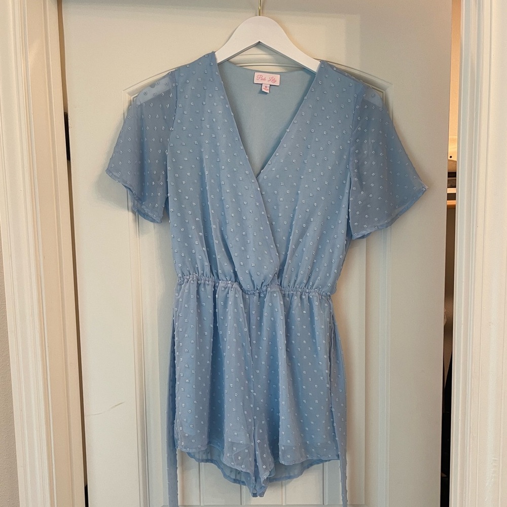 Pink Lily blue raised pom pom romper with tie belt